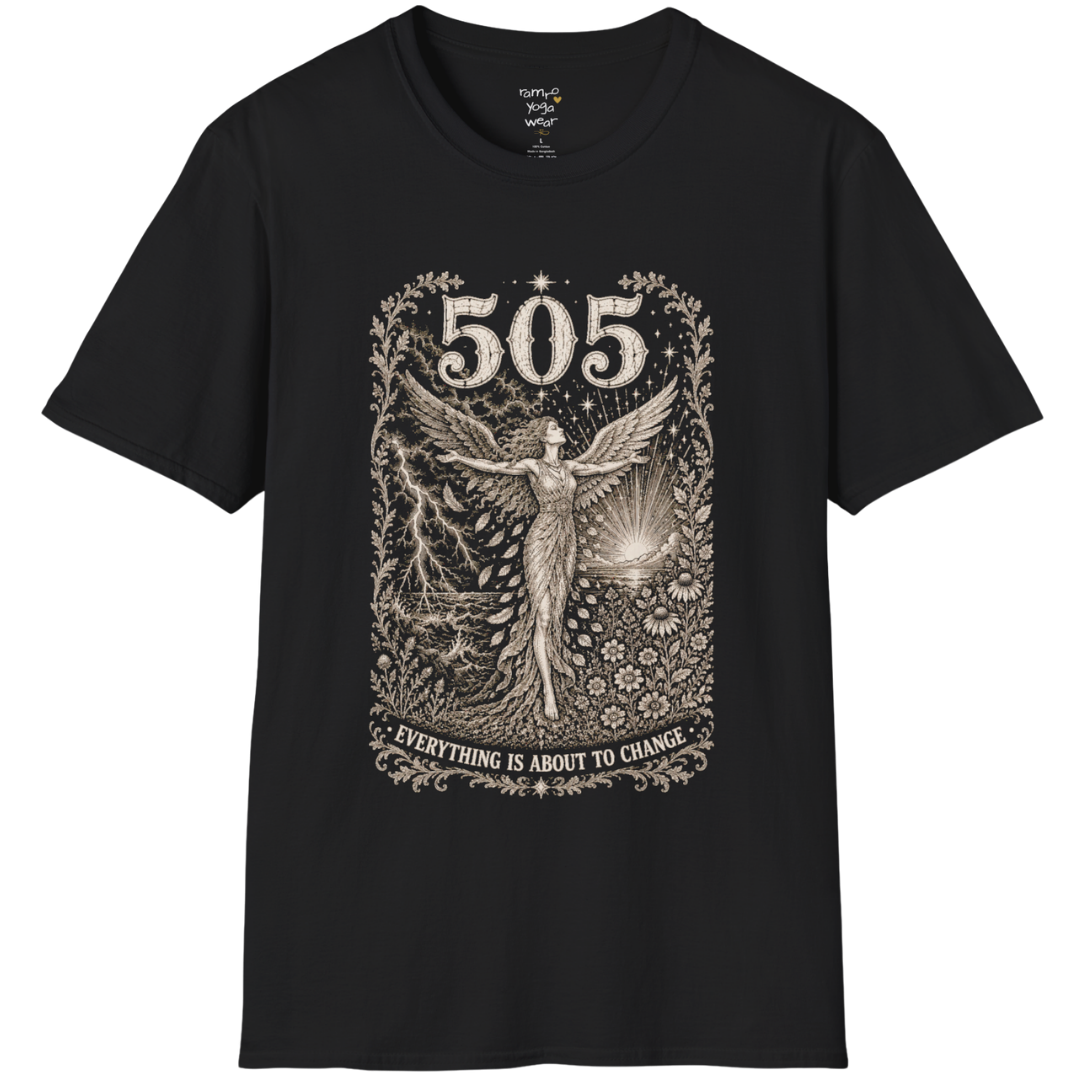 Woman's 505 T-Shirt with winged figure and angel number design — Dark Sacred Stillness collection by Ramro Yoga Wear in black