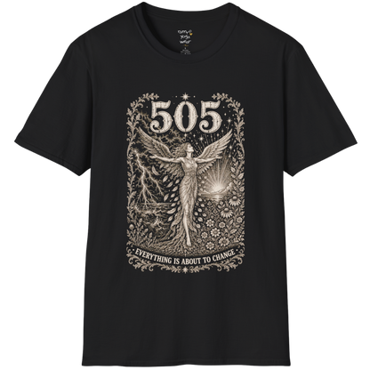 Woman's 505 T-Shirt with winged figure and angel number design — Dark Sacred Stillness collection by Ramro Yoga Wear in black