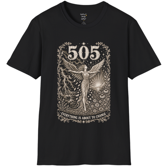 Woman's 505 T-Shirt with winged figure and angel number design — Dark Sacred Stillness collection by Ramro Yoga Wear in black