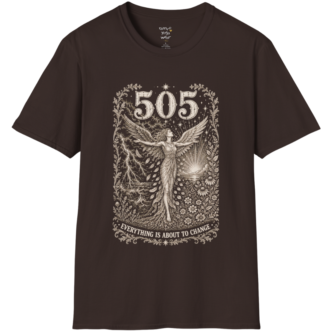 Woman's 505 T-Shirt with winged figure and angel number design — Dark Sacred Stillness collection by Ramro Yoga Wear in Dark Chocolate