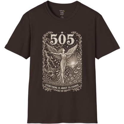 Woman's 505 T-Shirt with winged figure and angel number design — Dark Sacred Stillness collection by Ramro Yoga Wear in Dark Chocolate