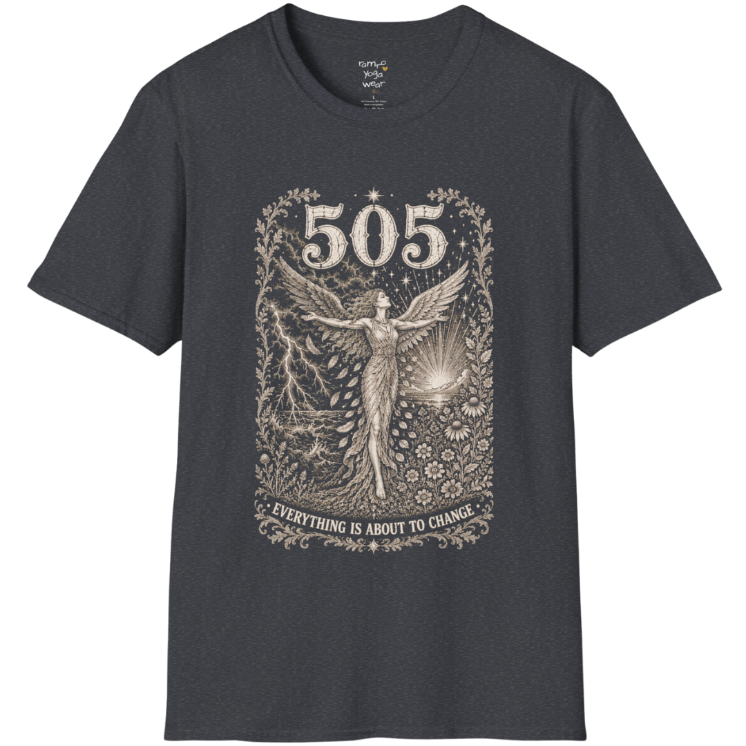 Woman's 505 T-Shirt with winged figure and angel number design — Dark Sacred Stillness collection by Ramro Yoga Wear in Dark Heather Grey
