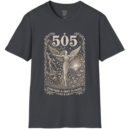 Woman's 505 T-Shirt with winged figure and angel number design — Dark Sacred Stillness collection by Ramro Yoga Wear in Dark Heather Grey