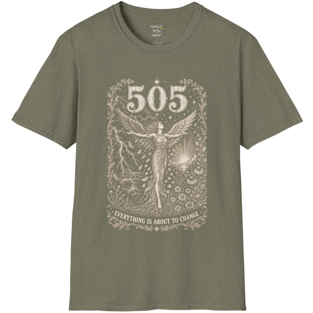 Woman's 505 T-Shirt with winged figure and angel number design — Dark Sacred Stillness collection by Ramro Yoga Wear in Heather Military Green