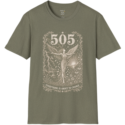 Woman's 505 T-Shirt with winged figure and angel number design — Dark Sacred Stillness collection by Ramro Yoga Wear in Heather Military Green