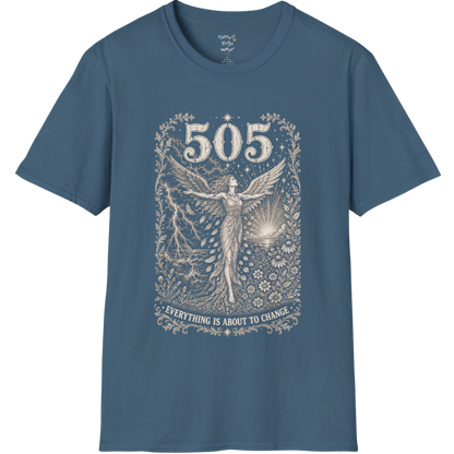 Woman's 505 T-Shirt with winged figure and angel number design — Dark Sacred Stillness collection by Ramro Yoga Wear in Indigo Blue
