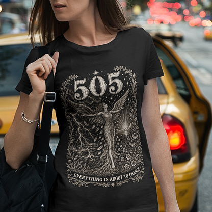 Woman wearing 505 T-Shirt black sacred yoga shirt on a city street — Dark Sacred Stillness collection by Ramro Yoga Wear