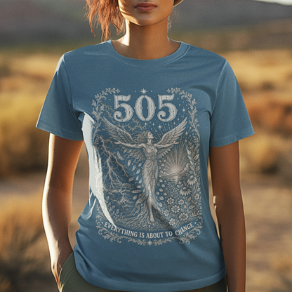 Woman wearing 505 T-Shirt indigo blue sacred yoga shirt outdoors — Dark Sacred Stillness collection by Ramro Yoga Wear
