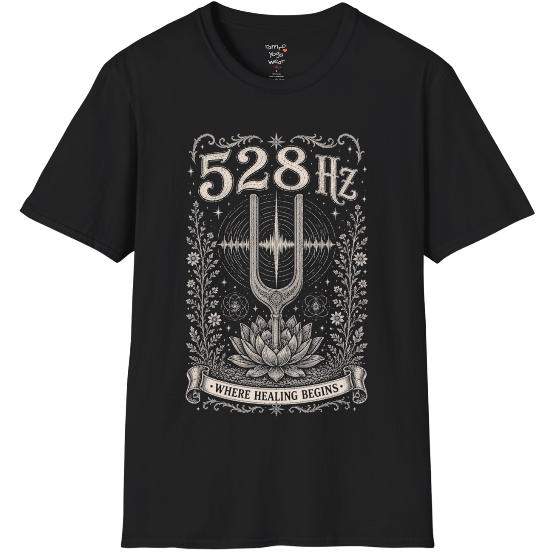 528 Hz tuning fork sound wave lotus engraving design — Dark Sacred Stillness collection by Ramro Yoga Wear in Black.