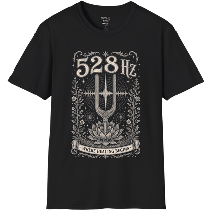 528 Hz tuning fork sound wave lotus engraving design — Dark Sacred Stillness collection by Ramro Yoga Wear in Black.