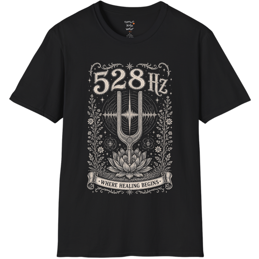 528 Hz tuning fork sound wave lotus engraving design — Dark Sacred Stillness collection by Ramro Yoga Wear in Black.