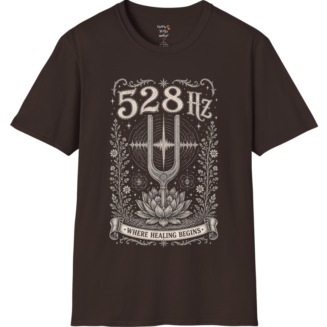 528 Hz tuning fork sound wave lotus engraving design — Dark Sacred Stillness collection by Ramro Yoga Wear in Dark Chocolate