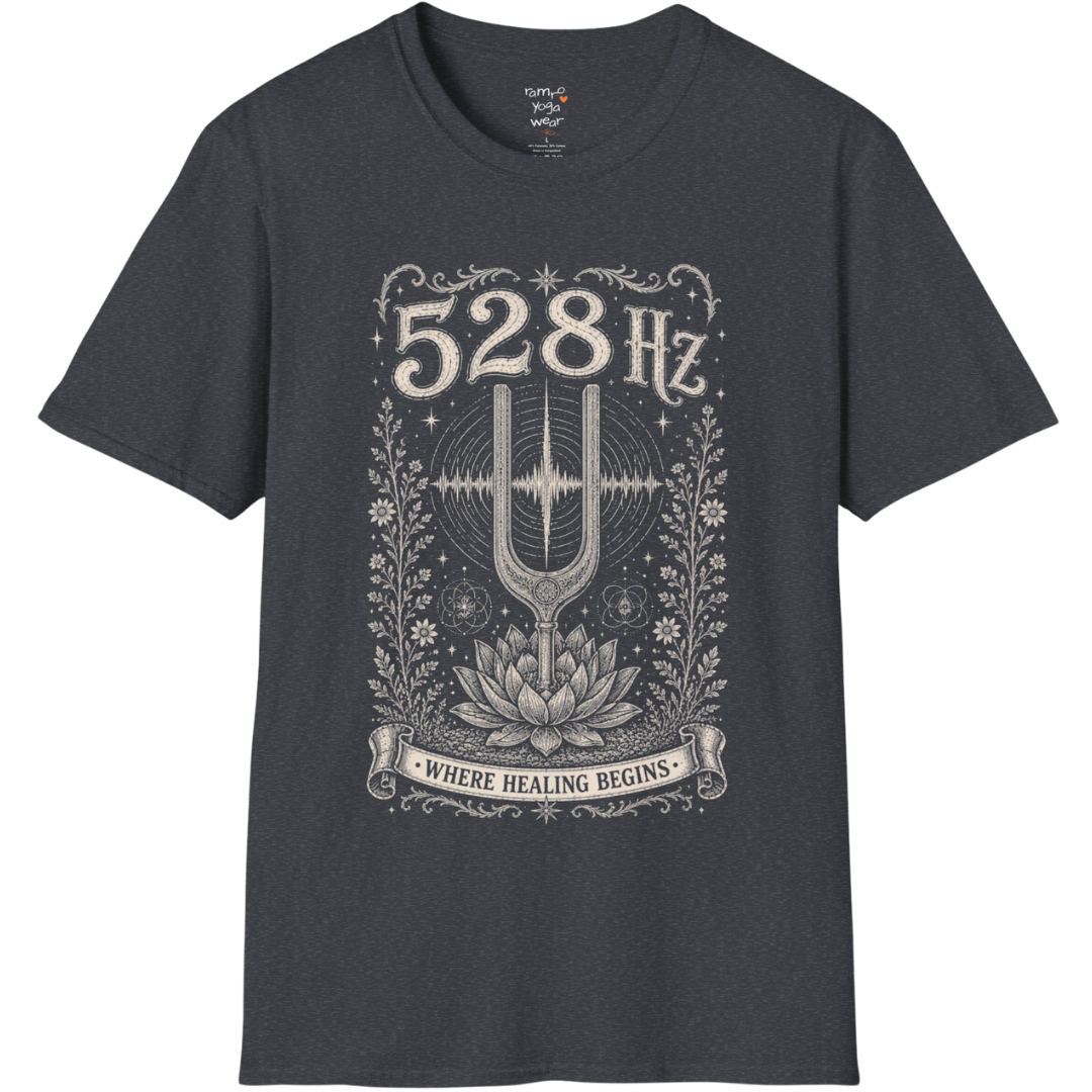 528 Hz tuning fork sound wave lotus engraving design — Dark Sacred Stillness collection by Ramro Yoga Wear in Dark Heather Grey