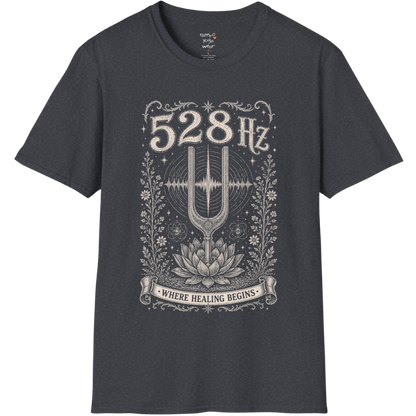 528 Hz tuning fork sound wave lotus engraving design — Dark Sacred Stillness collection by Ramro Yoga Wear in Dark Heather Grey