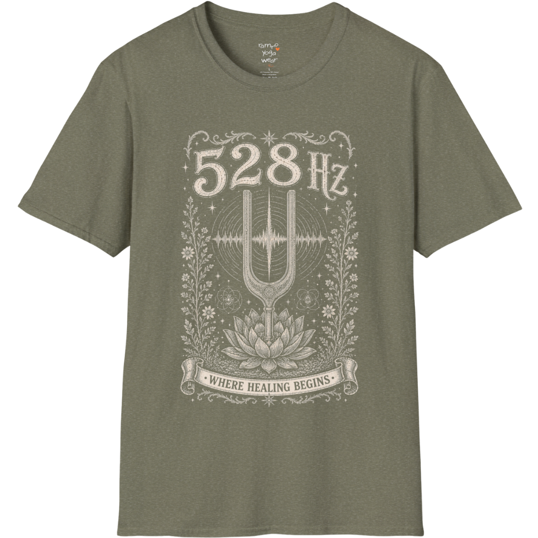 528 Hz tuning fork sound wave lotus engraving design — Dark Sacred Stillness collection by Ramro Yoga Wear in Heather Military Green.