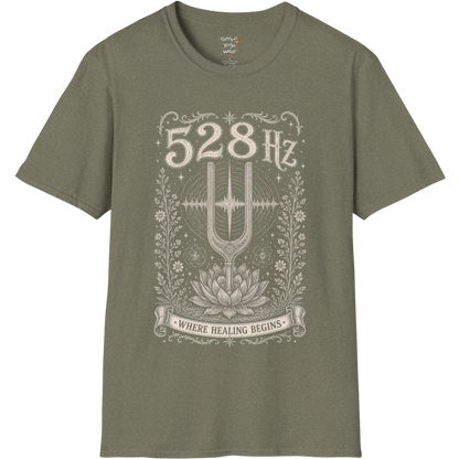 528 Hz tuning fork sound wave lotus engraving design — Dark Sacred Stillness collection by Ramro Yoga Wear in Heather Military Green.