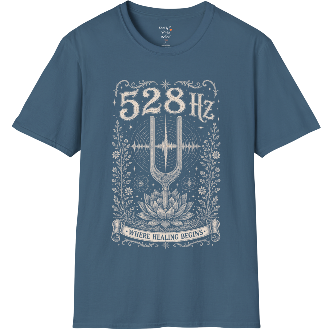 528 Hz tuning fork sound wave lotus engraving design — Dark Sacred Stillness collection by Ramro Yoga Wear in Indigo Blue