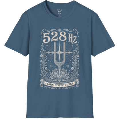 528 Hz tuning fork sound wave lotus engraving design — Dark Sacred Stillness collection by Ramro Yoga Wear in Indigo Blue