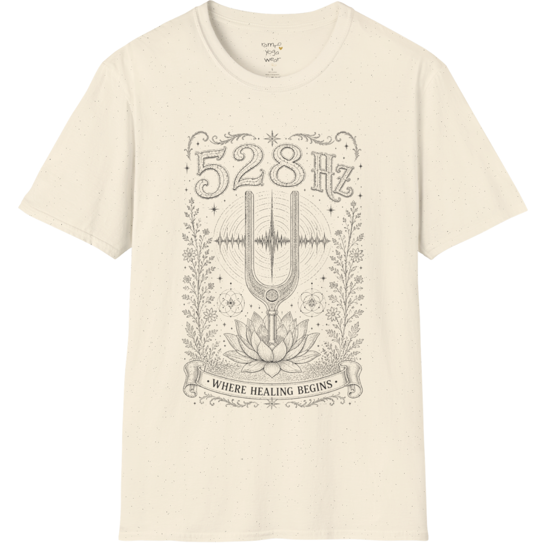 528 Hz tuning fork sound wave lotus engraving design — Dark Sacred Stillness collection by Ramro Yoga Wear in Natural