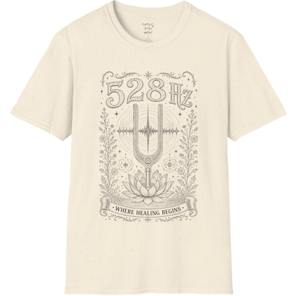 528 Hz tuning fork sound wave lotus engraving design — Dark Sacred Stillness collection by Ramro Yoga Wear in Natural