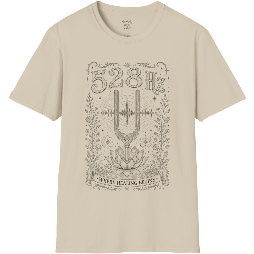 528 Hz tuning fork sound wave lotus engraving design — Dark Sacred Stillness collection by Ramro Yoga Wear in Sand