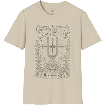 528 Hz tuning fork sound wave lotus engraving design — Dark Sacred Stillness collection by Ramro Yoga Wear in Sand