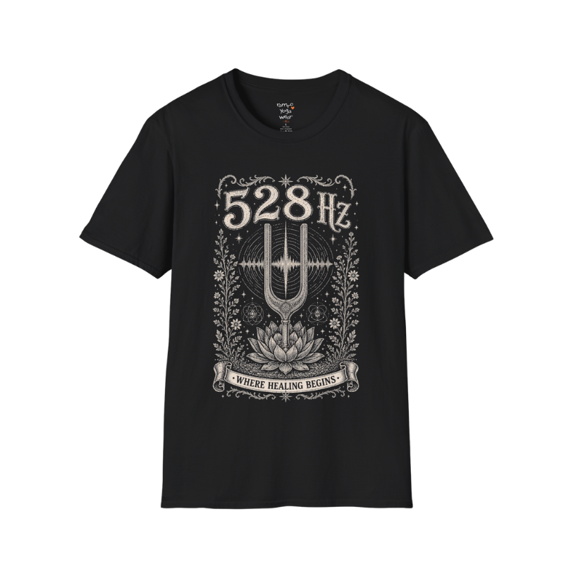 528 Hz tuning fork sound wave lotus engraving design — Dark Sacred Stillness collection by Ramro Yoga Wear in Black.