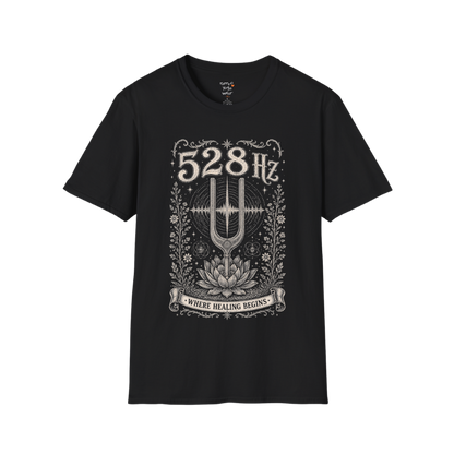 528 Hz tuning fork sound wave lotus engraving design — Dark Sacred Stillness collection by Ramro Yoga Wear in Black.