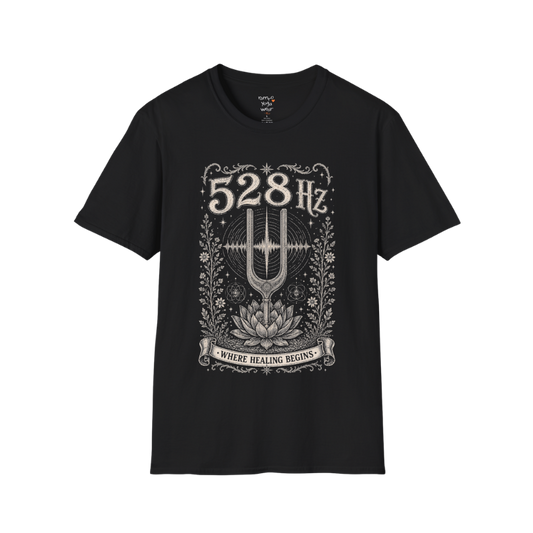 528 Hz tuning fork sound wave lotus engraving design — Dark Sacred Stillness collection by Ramro Yoga Wear in Black.