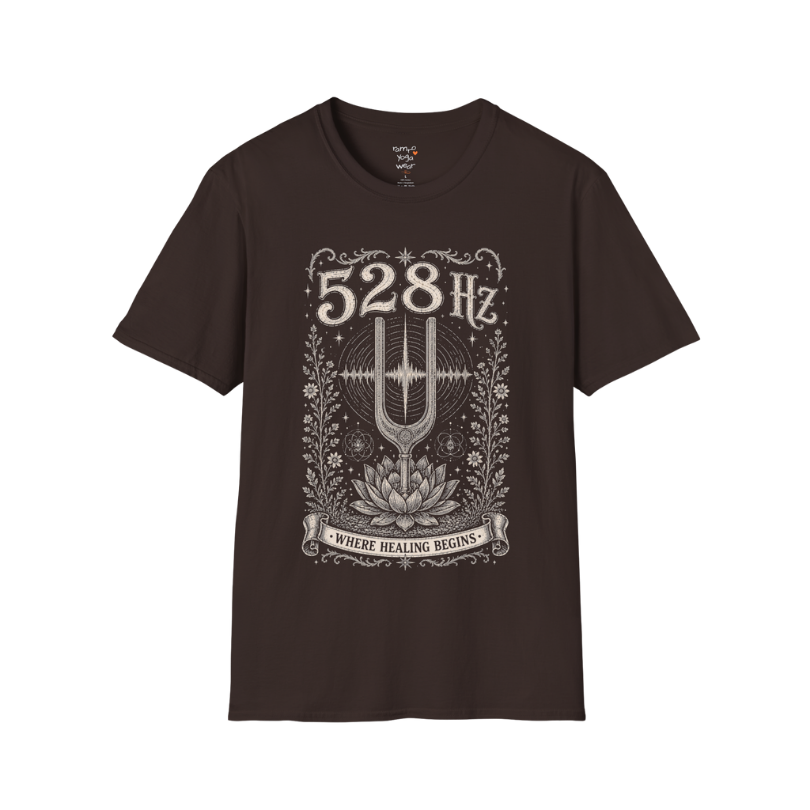 528 Hz tuning fork sound wave lotus engraving design — Dark Sacred Stillness collection by Ramro Yoga Wear in Dark Chocolate
