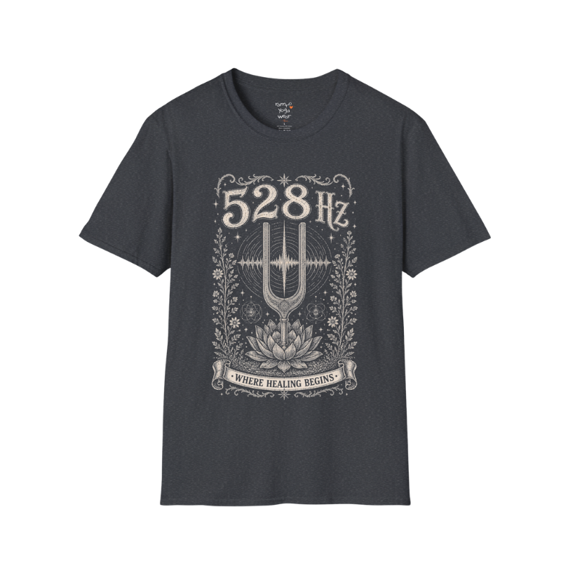 528 Hz tuning fork sound wave lotus engraving design — Dark Sacred Stillness collection by Ramro Yoga Wear in Dark Heather Grey