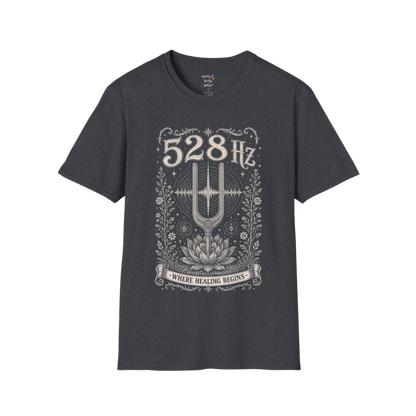 528 Hz tuning fork sound wave lotus engraving design — Dark Sacred Stillness collection by Ramro Yoga Wear in Dark Heather Grey