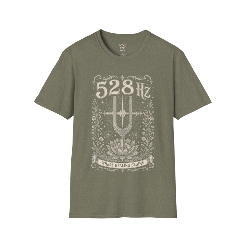528 Hz tuning fork sound wave lotus engraving design — Dark Sacred Stillness collection by Ramro Yoga Wear in Heather Military Green.