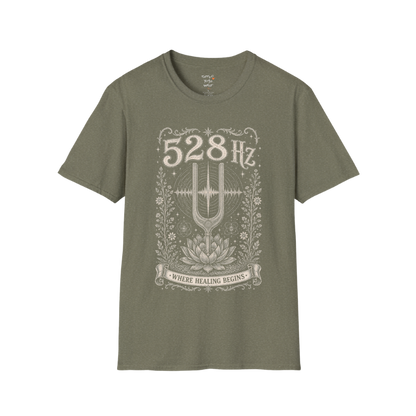 528 Hz tuning fork sound wave lotus engraving design — Dark Sacred Stillness collection by Ramro Yoga Wear in Heather Military Green.