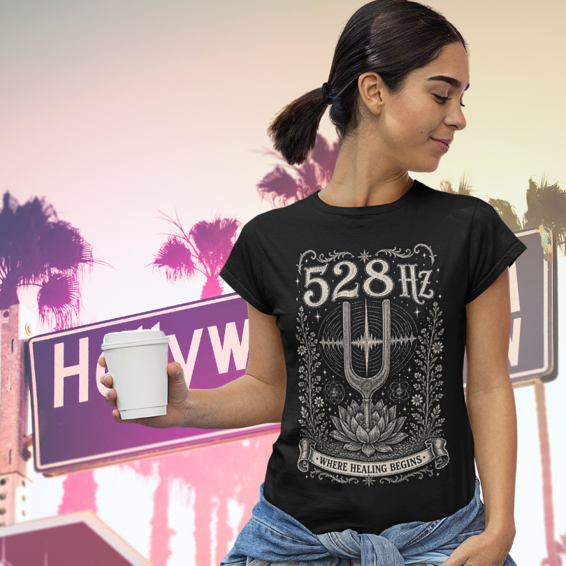 Woman wearing 528 Hz black meditation shirt in Hollywood — Dark Sacred Stillness collection by Ramro Yoga Wear