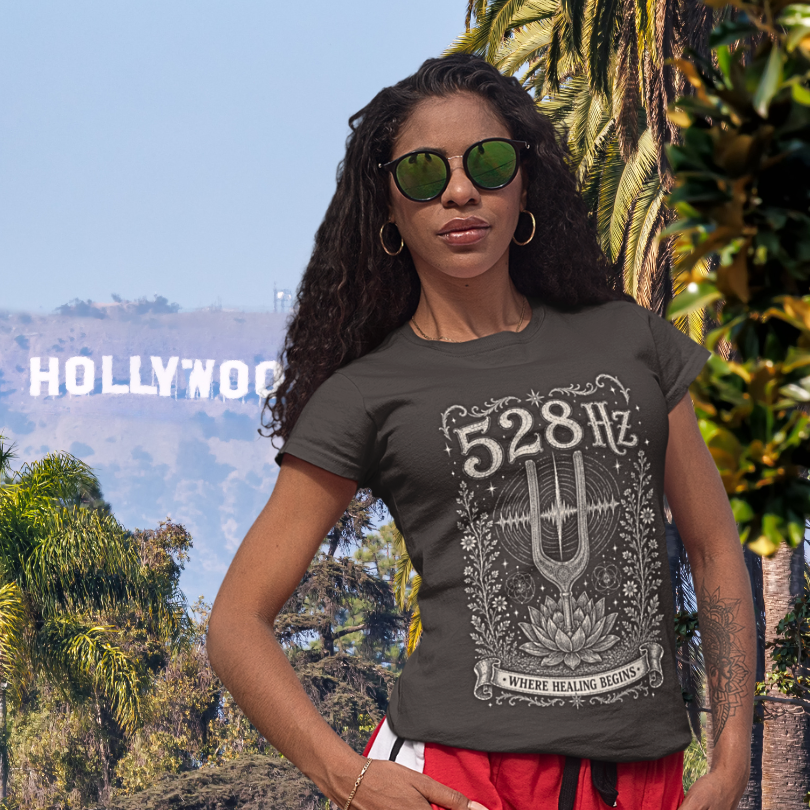 Woman wearing 528 Hz dark heather grey meditation shirt at Hollywood sign — Dark Sacred Stillness collection by Ramro Yoga Wear