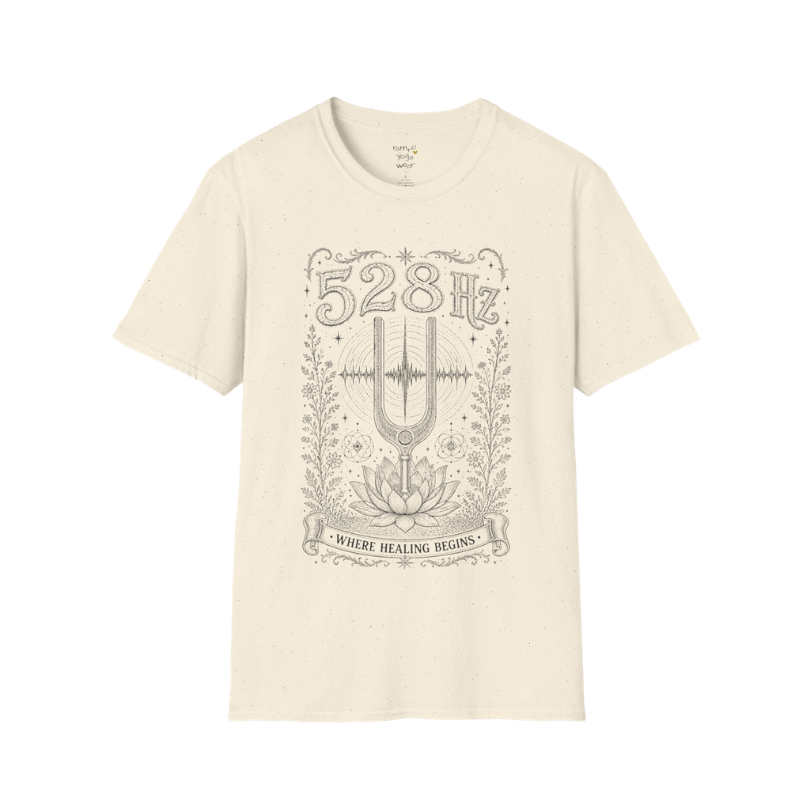 528 Hz tuning fork sound wave lotus engraving design — Dark Sacred Stillness collection by Ramro Yoga Wear in Natural