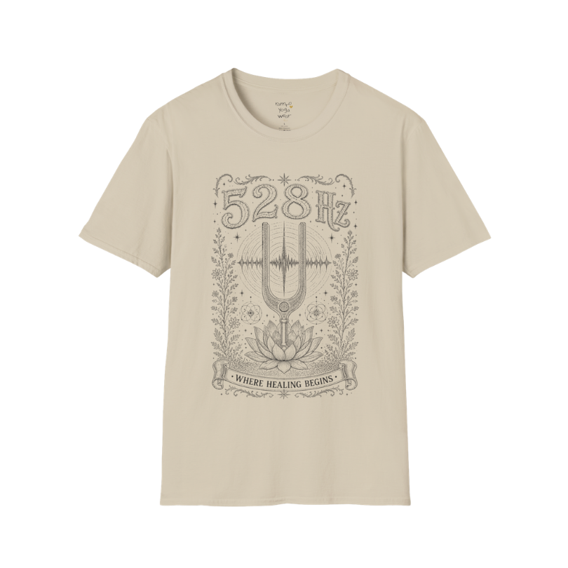 528 Hz tuning fork sound wave lotus engraving design — Dark Sacred Stillness collection by Ramro Yoga Wear in Sand