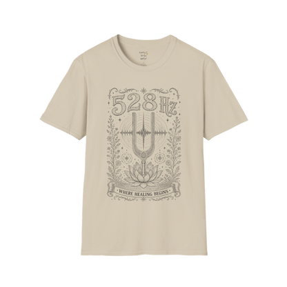 528 Hz tuning fork sound wave lotus engraving design — Dark Sacred Stillness collection by Ramro Yoga Wear in Sand