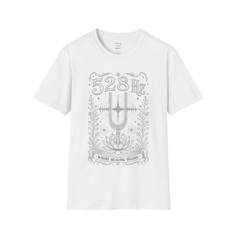528 Hz tuning fork sound wave lotus engraving design — Dark Sacred Stillness collection by Ramro Yoga Wear in White.