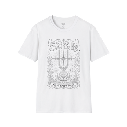 528 Hz tuning fork sound wave lotus engraving design — Dark Sacred Stillness collection by Ramro Yoga Wear in White.