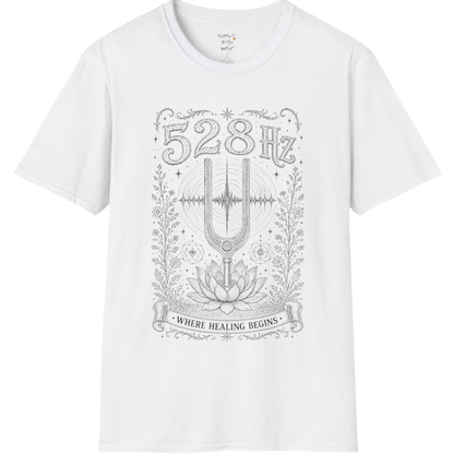 528 Hz tuning fork sound wave lotus engraving design — Dark Sacred Stillness collection by Ramro Yoga Wear in White.