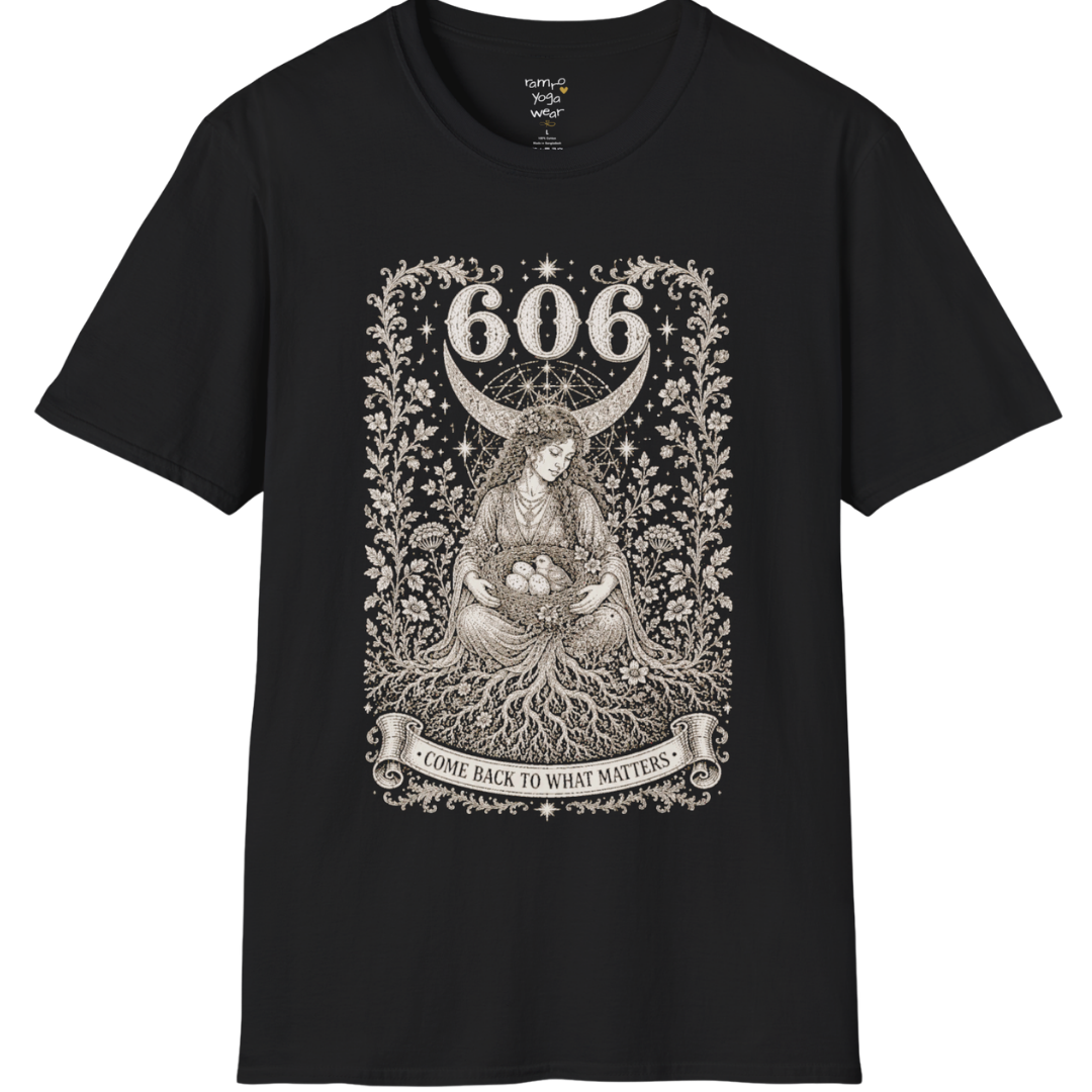 606 T-Shirt with winged figure and angel number design — Dark Sacred Stillness collection by Ramro Yoga Wear in Black