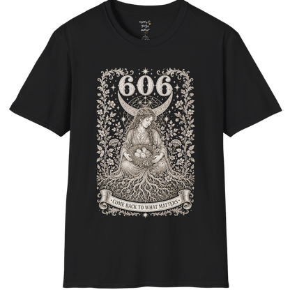 606 T-Shirt with winged figure and angel number design — Dark Sacred Stillness collection by Ramro Yoga Wear in Black