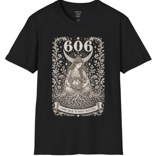 606 T-Shirt with winged figure and angel number design — Dark Sacred Stillness collection by Ramro Yoga Wear in Black
