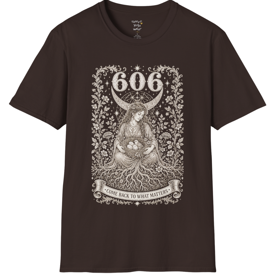 606 T-Shirt with winged figure and angel number design — Dark Sacred Stillness collection by Ramro Yoga Wear in Dark Chocolate