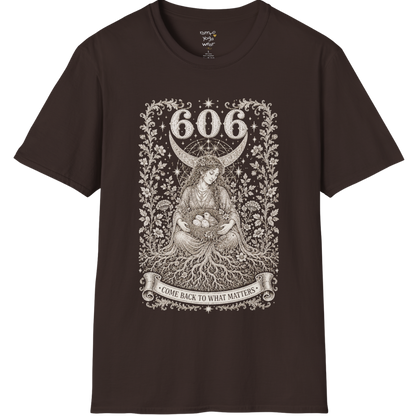 606 T-Shirt with winged figure and angel number design — Dark Sacred Stillness collection by Ramro Yoga Wear in Dark Chocolate