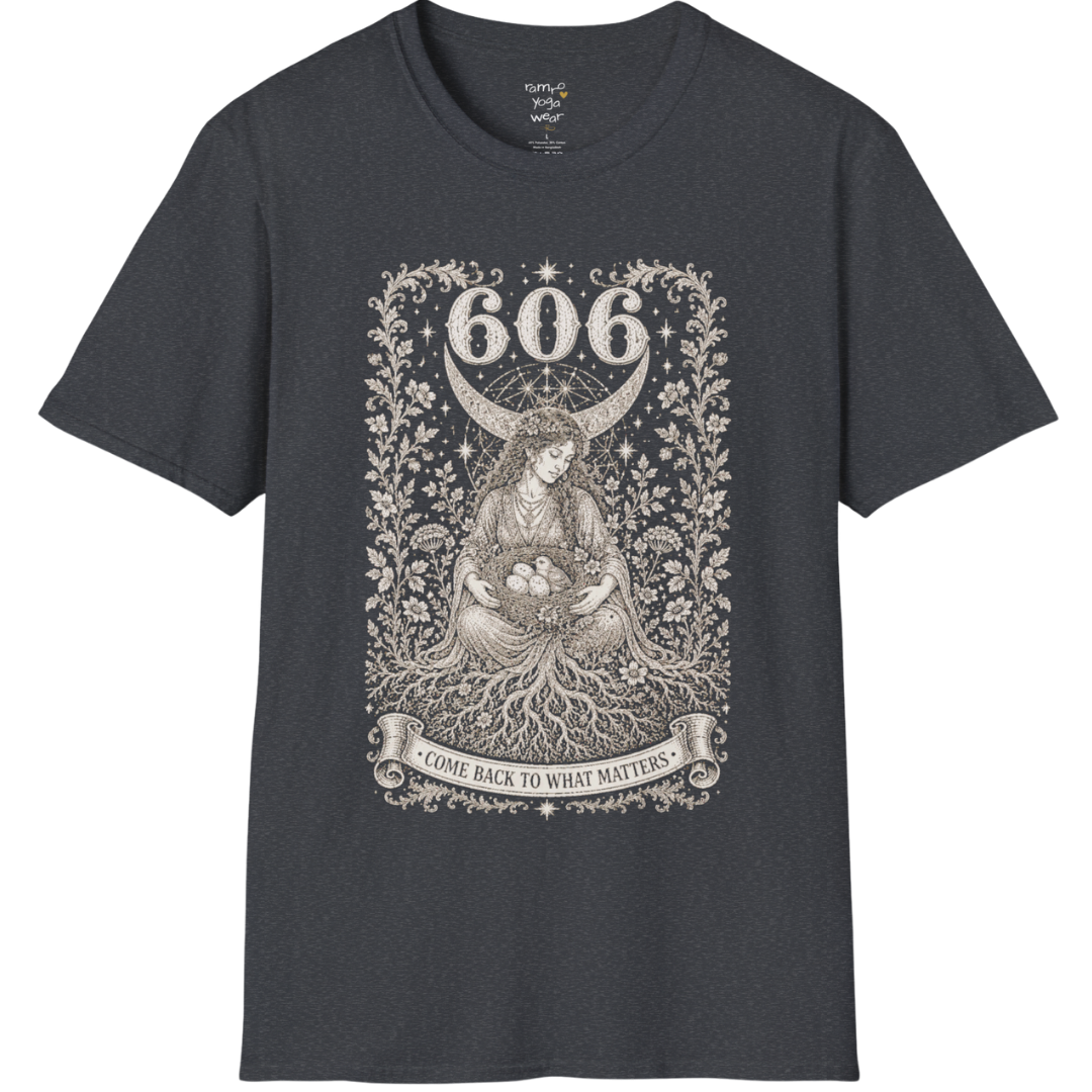 606 T-Shirt with winged figure and angel number design — Dark Sacred Stillness collection by Ramro Yoga Wear in Dark Heather Grey