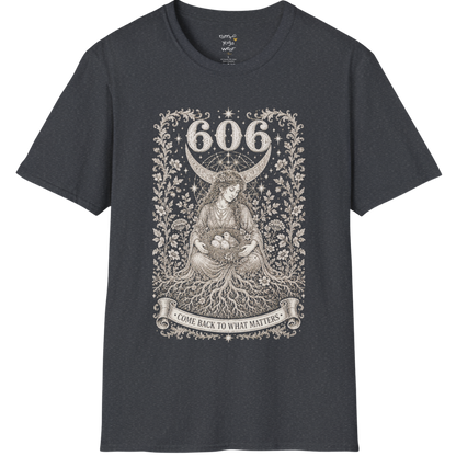 606 T-Shirt with winged figure and angel number design — Dark Sacred Stillness collection by Ramro Yoga Wear in Dark Heather Grey