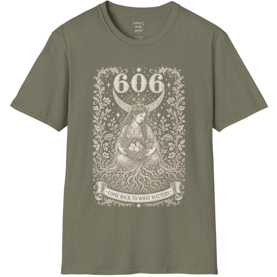 606 T-Shirt with winged figure and angel number design — Dark Sacred Stillness collection by Ramro Yoga Wear in Heather Military Green